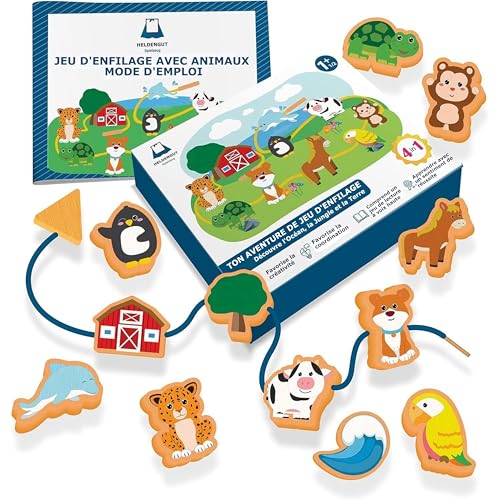 HELDENGUT® Jeu de Lacing 4-en-1 avec Perles en Bois dès 18 Mois - Jeu de Motricité et de Développement pour Enfants - Jouet Montessori pour Les Petits dès 2 Ans, Idéal pour Filles et Garçons