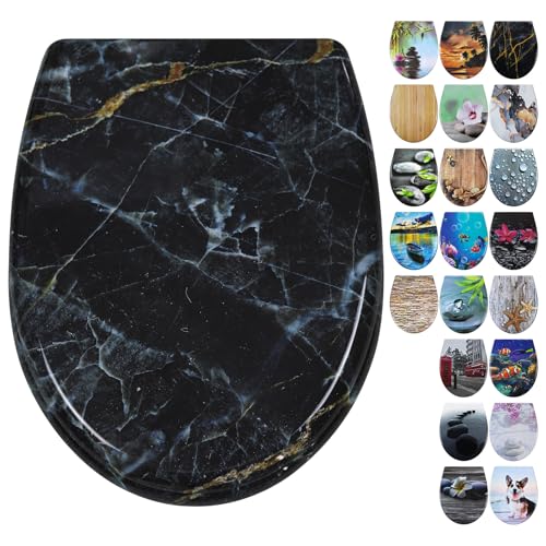 Fanmitrk Abattant de WC avec système d'abaissement automatique, couvercle de toilette en Duroplast avec fermeture rapide, siège de toilette avec motif (le grain de marbre)