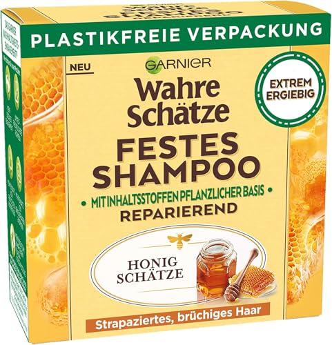 Garnier Festes Shampoo, Reparierendes Honig Schätze-Shampoo mit Bienenwachs, kräftigt, schützt & nährt strapaziertes und brüchiges Haar, Wahre Schätze, 60 g (Packung mit 5)