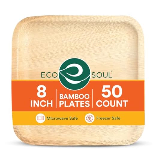 ECO SOUL 100% Compostable 8 Inch Square Palm Leaf Plates [50-Pack] I Premium Disposable Plates Set I Heavy Duty Eco-Friendly Bamboo Plates Disposable I Square Disposable Plates