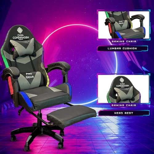 Image of Casa Copenhagen Designed in Denmark,High-Back Italian Leather Gaming Ergonomic Chair with Advanced Mechanism with LED Light & Electric Back Massager, Memory Foam Seating - Grey & Black