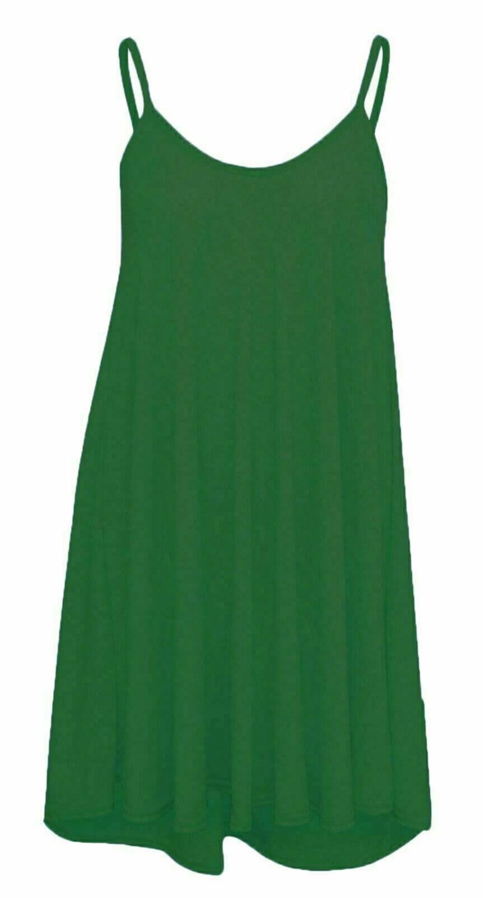 RIDDLED WITH STYLE Ladies Flared Cami Swing Dress Sleeveless Strappy Neck Plain and Printed Camisole Top Strappy Swing Dress Casual Summer Beach Cami Dress Bottle Green