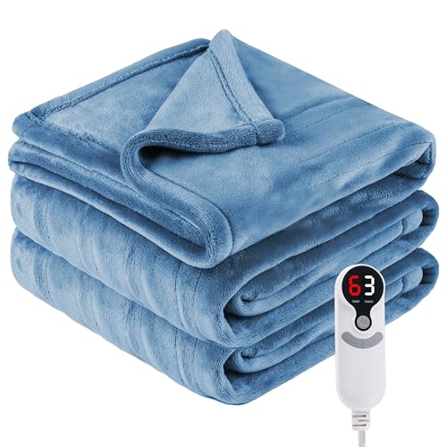 Eydna Electric Heated Blanket Throw Size 50"x60", Fast Heating Throw, Soft Microplush for Sofa & Office, 9 Heating Levels & 1-10 Hours Auto Off, Machine Washable, Gifts for Womens-Light Blue