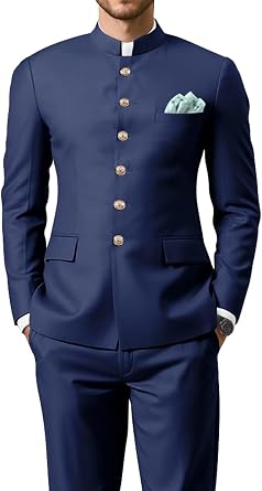 Mens Chinese Tunic Suit Mandarin Collar 2 Piece Slim Fit Traditional Uniform Groom Wedding Blazer Pant Set