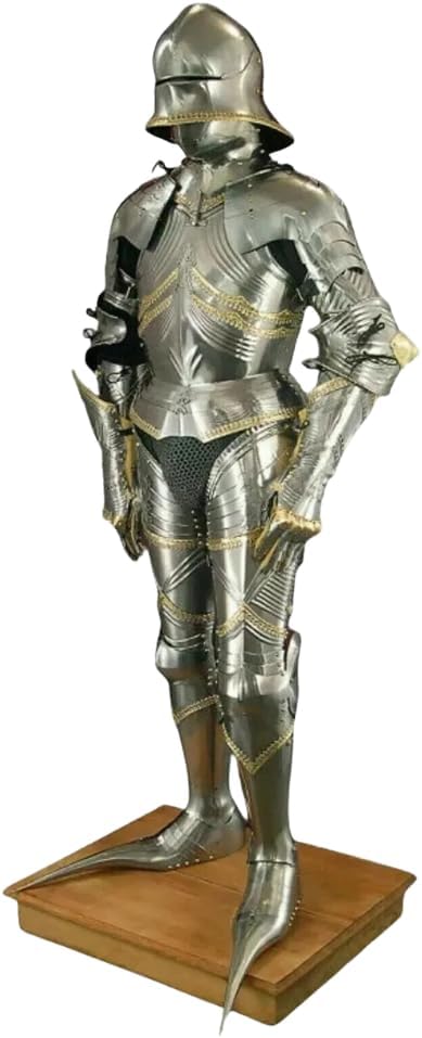 Gothic Suit of Armor Costume, Full Body Medieval 15th Century Knight Armor with Helmet and Wooden Base