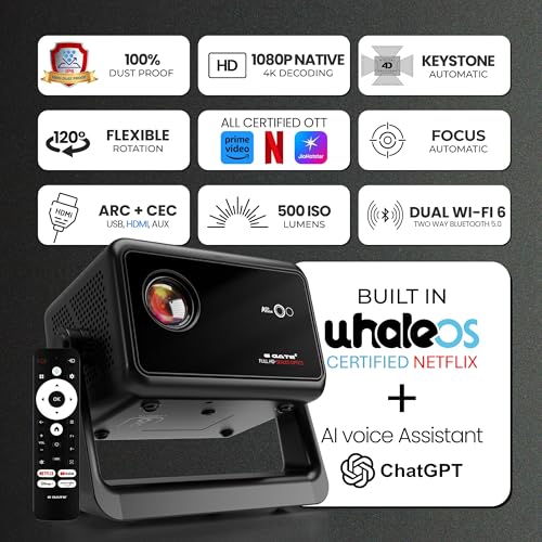 Image of E Gate Duster 5X Pro | Certified OS, Projector 4K Ultra HD | 100% Dust Proof | Fully Automatic Native 1080p | Whale OS on Android, official Netflix, Prime | Voice Remote, 500 ISO, HDMI-ARC-WiFi6 EGATE