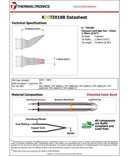 Image of Thermaltronics K70TZ018B Tweezers Cartridge Pair - Chisel 1.78mm (0.07in)