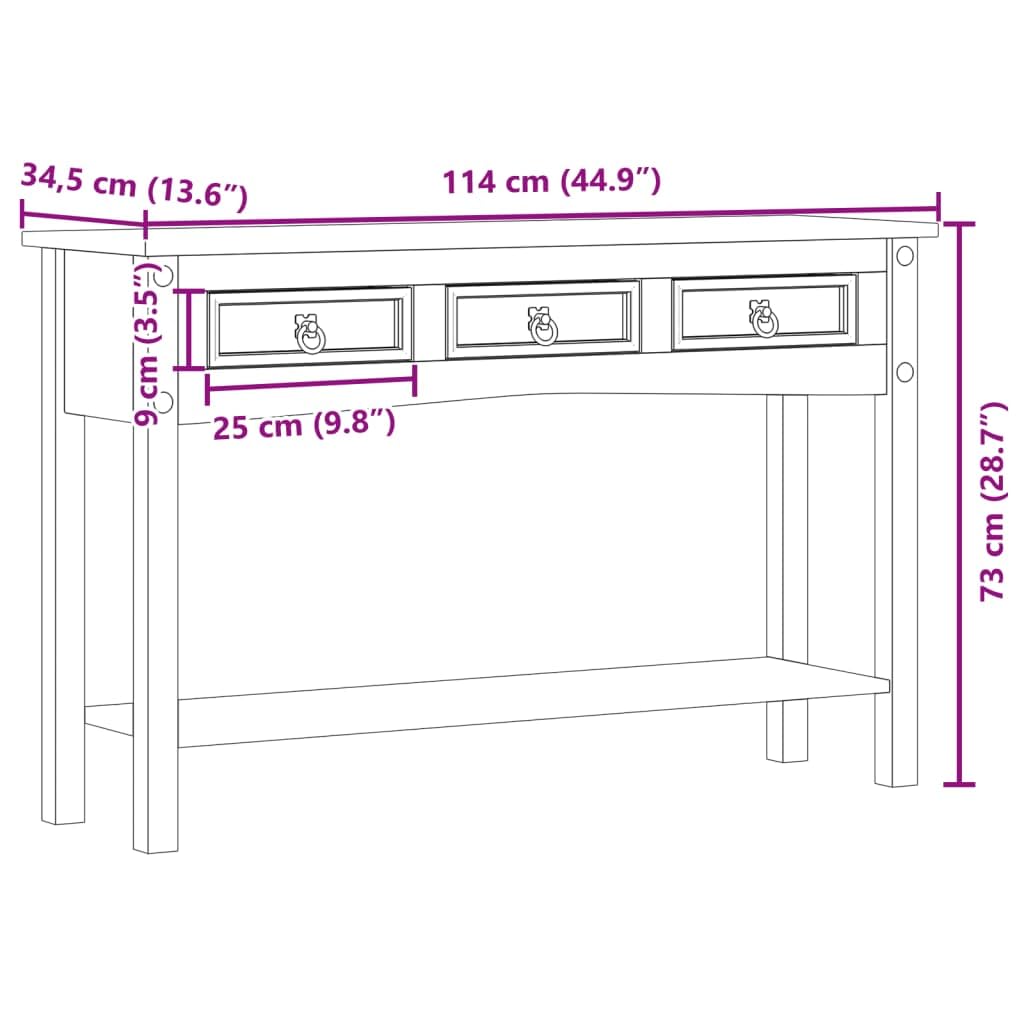 Tavolo consolle Corona in legno di pino massiccio con finitura a cera di miele, 114 x 34,5 x 73 cm, tavolino con 3 cassetti, tavolino da caffè stabile per soggiorno e camera da letto