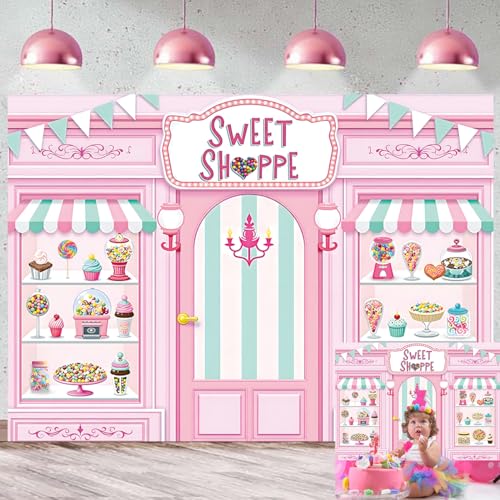 Toile de fond rose Sweet Shoppe 2,1x1,5m décor anniversaire fille