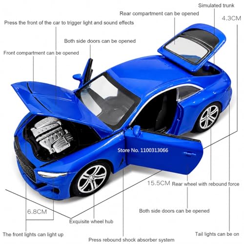 Image of 1:32 Scale Bentley Mulliner GT Toy Car - Pull Back Die-Cast Metal Luxury Car Model with Openable Doors, LED Lights & Music - Alloy Vehicle for Kids, Boys & Collectors (Blue)