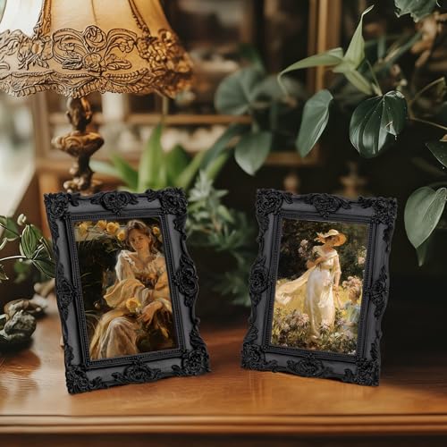 Image of eletecpro 5x7 Vintage Picture Frame with Real Glass Cover, Ornate Antique Photo Frame, Display 5x7 Picture for Tabletop or Wall Hanging, Black Home Decor for Gallery Art