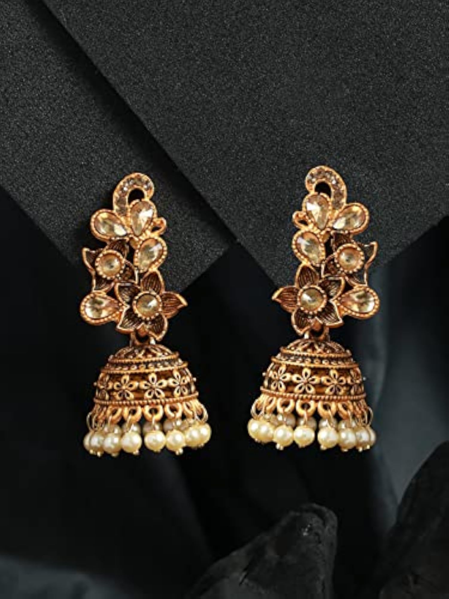 Studded Floral Pearl Plated Jhumka Earrings