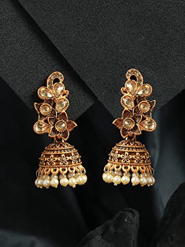 Studded Floral Pearl Plated Jhumka Earrings