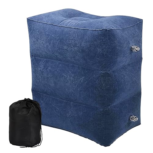 Foot Rest Travel Pillow Folding Portable, Inflatable Foot Rest Cushion Muti-Functional, Adjustable 3 Layers Footrest Pillow, Travel Footstool with Bag and Inflator for Long Flight, Train, Cars (Blue)