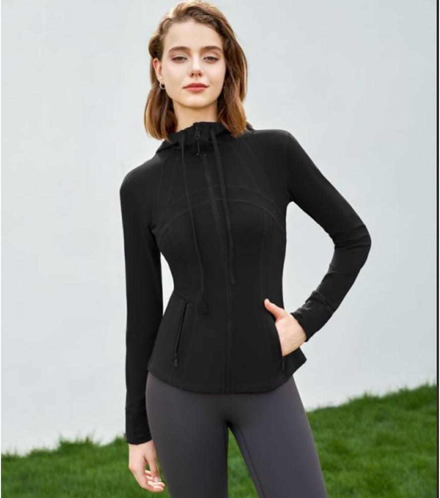 Womens Yoga Clothes Hooded Workout Sports Jacket Slim Fit Long Sleeved Thumb Holes Outdoor Casual Top