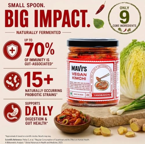 Image of MAVI's Veg Kimchi | Korean Cabbage Kimchi | Artisanal Probiotic Pickle | Vegan | No Preservatives, No Artificial Flavour or Colour | Pack of 1 (200g)