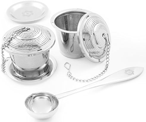 2 Pack Ultra Fine Loose Leaf Tea Ball Infuser Strainer Steeper, Including Tea Scoop, Drip Trays, Long Chain Handle for Easy Brewing All Fine Teas, Spices and Seasonings.