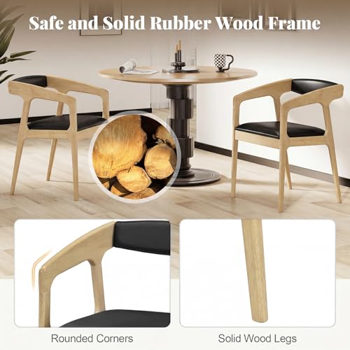 Image of COSTWAY Dining Chairs with Arms Set of 2, Mid Century Modern Wooden Accent Chairs with Faux Leather Seat & Padded Backrest, Kitchen Side Armchairs for Living Dining Reading Room, Natural & Black