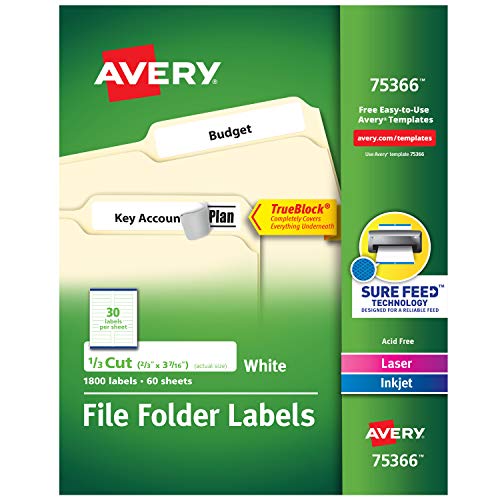 Avery TrueBlock File Folder Labels, Sure Feed Technology, Permanent Adhesive, White, 2/3