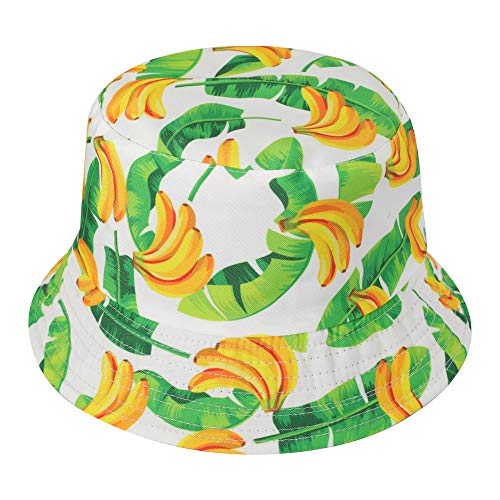 Image of ZLYC Women Men Summer Bucket Hat Sun Hat Fruit Print Reversible Fisherman Hat(Banana Leaf),One Size