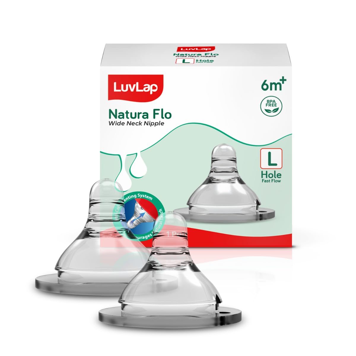 LuvLap Anti-Colic Natura Flo Teat/Nipple for Wide Neck Bottle,2pcs Fast Flow, 6m+, Made of Soft & Flexible Silicone, Ergonomic shape, Mimics breastfeeding, leak proof, BPA Free, comes with sturdy base-picture-10