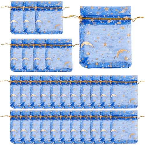 LJFEA 30 bolsitas de organza 7x9 cm, bolsas con cordón, multicolor para Navidad, bodas, cumpleaños, fiestas (estampado en caliente azul)