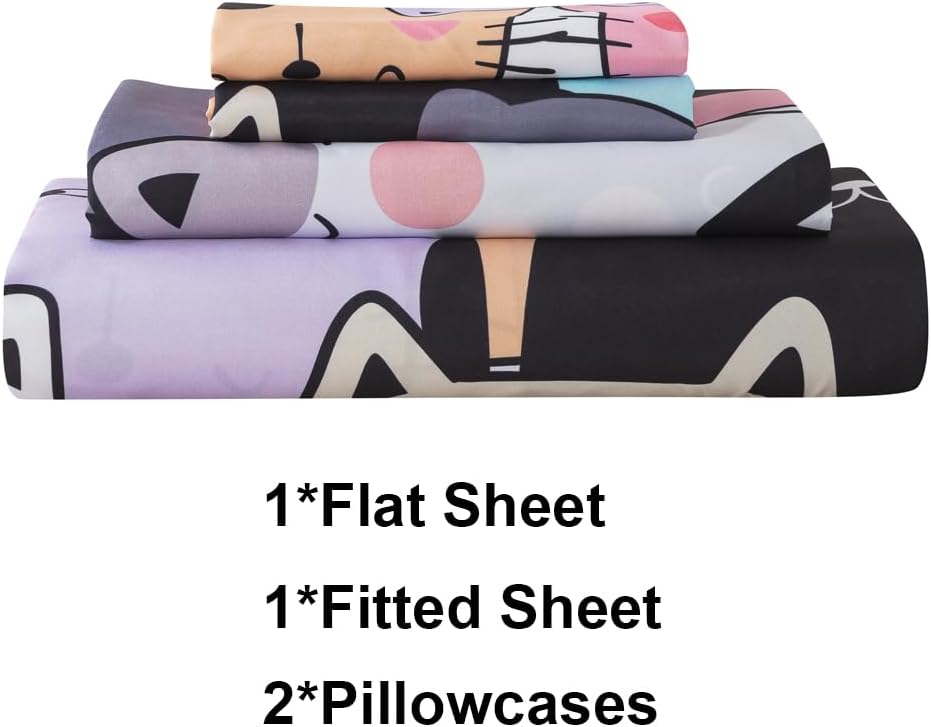 ADASMILE A & S Kids Bedding Cartoon Cat Sheet Set Queen Size for Girls Teens 4 Pieces Kawaii Cat Animal Bed Sets with Kitten Fitted Sheet 1 Flat Sheet 2 Pillowcases All Season Bedroom Decor