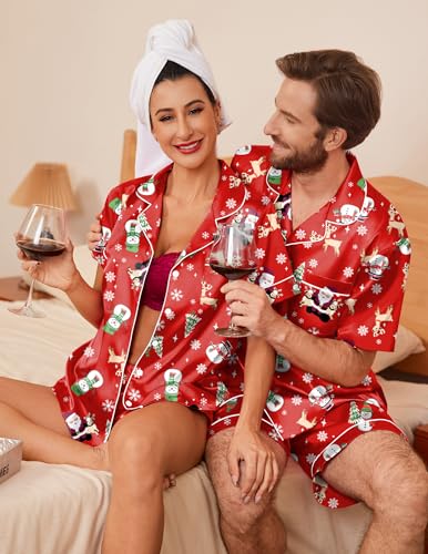 Image of Ekouaer Couple Matching Pajamas Sets Silk Short Sleeve Button Down Sleepwear Satin Pjs Shorts Set Soft Loungewear S-XXL