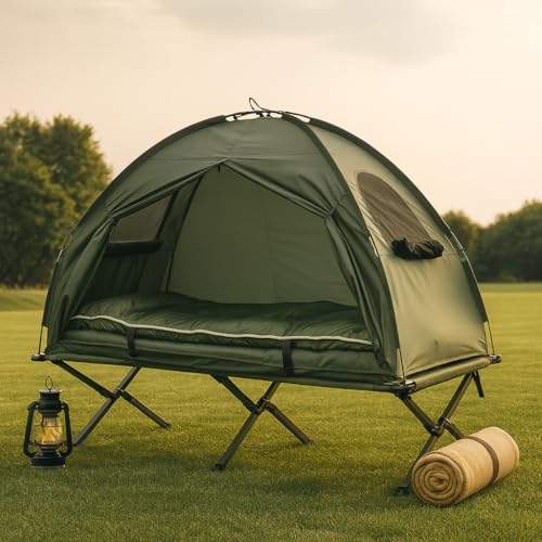 6-in-1 All-in-One Camping Tent with Cot and Air Mattress, Portable Outdoor Sleeping System with Pump, Pillow & Sleeping Bag, Waterproof Elevated Camping Bed Combo for Adults and Travel