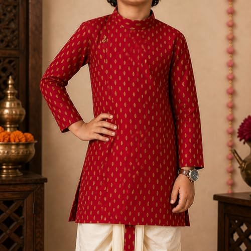 Image of superminis Boy's Cotton Kurta with Dhoti - Golden Thread Work, Solid Round Collar, Full Sleeves, Side Button Kurta Set for Ethnic Wear