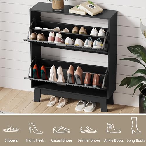 Image of HUANLEGO Shoe Cabinet Storage for Entryway with 2 Flip Drawers, Fluted Narrow Shoe Organizer with Wooden Legs, Freestanding Slim Shoe Storage Hidden Shoe Rack Organizer for Front Door Entrance, Black