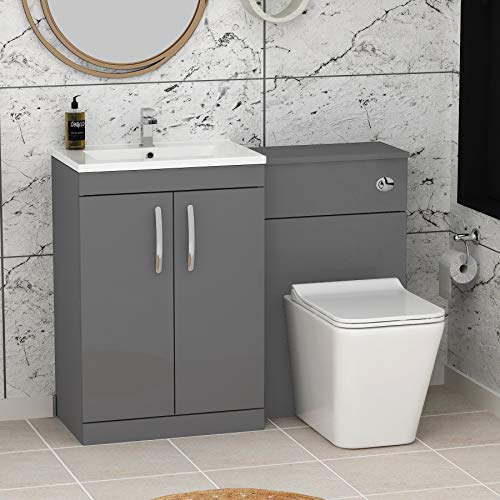 1300mm Modern Indigo Grey Gloss Bathroom 2 Doors Minimalist Vanity Unit Basin Sink & Slim Elena Pan + Toilet Furniture Set