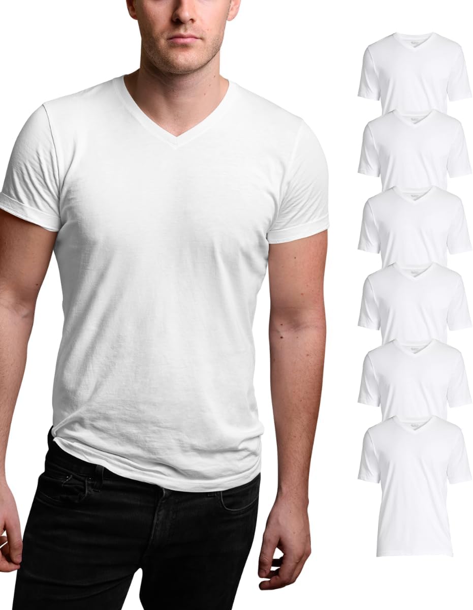 BROOKLYN VERTICAL Mens 6-Pack V Neck Undershirts Short Sleeve Cotton Round Neck Soft Comfortable Cotton Size S-3XL