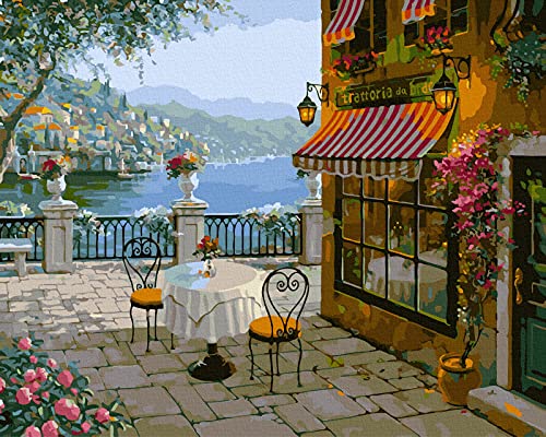 LukFun Kit de peinture à l'huile par numéro pour adultes, motif ville de mer, 40,6 x 50,8 cm (trattoire bord de mer, sans cadre) Cover