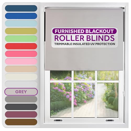 FURNISHED Roller Blinds Thermal Blackout Roller Blind - Trimmable Insulated UV Protection Child Safe Easy Fit Home Office Window Blinds, Grey, 55W x 165H cm