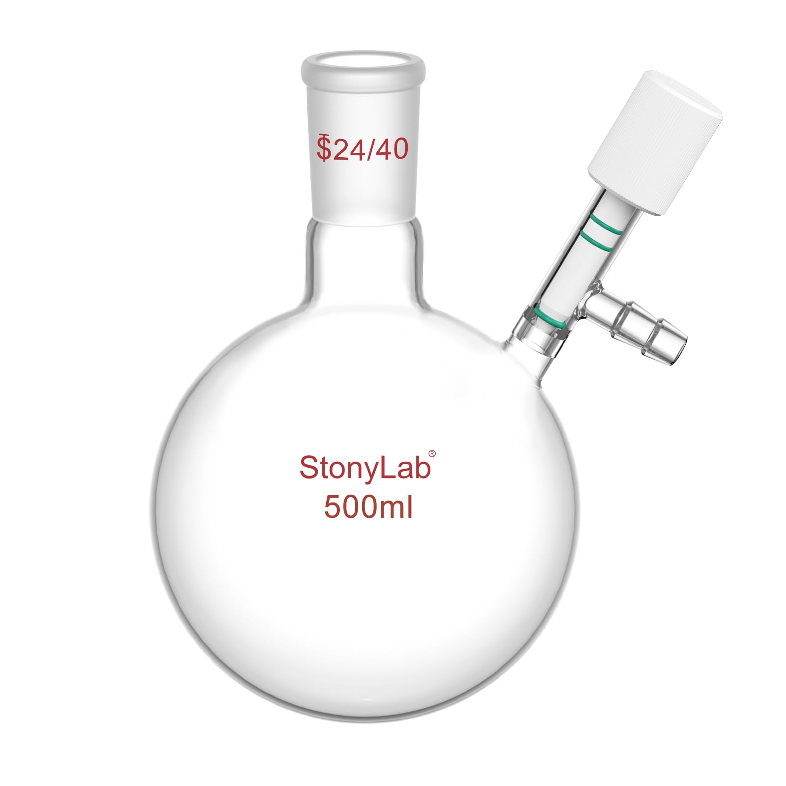 stonylab Vidrio Matraz de Schlenk, 24/40 Junta Reacción Libre de Aire Frasco de Schlenk de Fondo Redondo y Pared Gruesa, Round Bottom Schlenk Flask con Conexión para Manguera de 10 mm, 500ml