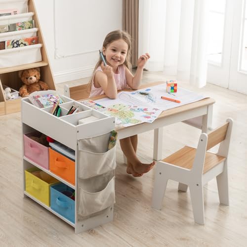 IKALIFE Kids Art Table and Chair - Toddler Craft Table and Chairs Set with 2 Chair & Bins, Large Storage Kids Activity Desk with Paper Roll for Playrooms & Classroom, 40