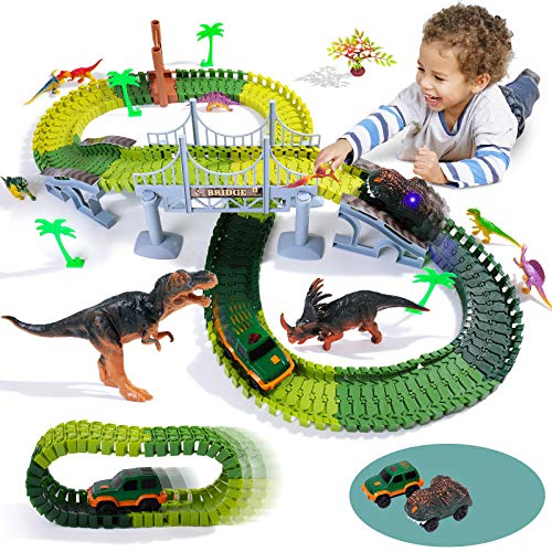 Boby Dinosaur Race Car Track Toyï¼Œ163pcs Flexible Tracks Playsetï¼ŒDinosaur World Road Race Car Track Setï¼ŒDinosaur car Toys Perfect Birthday Toys for 3,4,5,6,7,8+Years Old Boys Girls Children