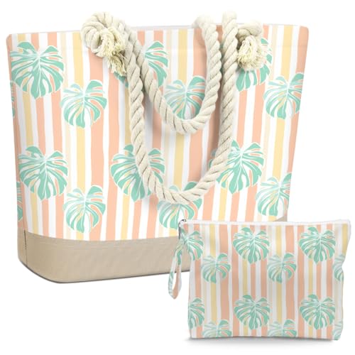 Beach Bags for Women, Wet Bag Cosmetic Bag, Pool Waterproof Orange Monstera Leaf Shoulder Tote Bags With Zipper for Beach Toiletries, Summer Travel Essentials, Gifts for Women Birthday Set of 2
