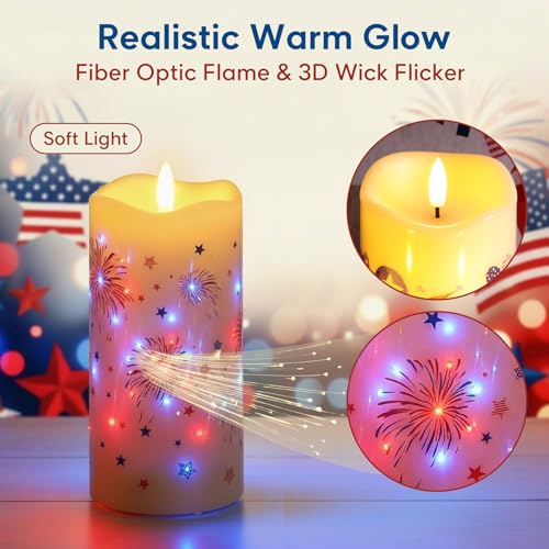 Image of Eywamage Patriotic 4th of July LED Candles, Flickering Fiber Optic Flameless Candles with Remote Set of 3