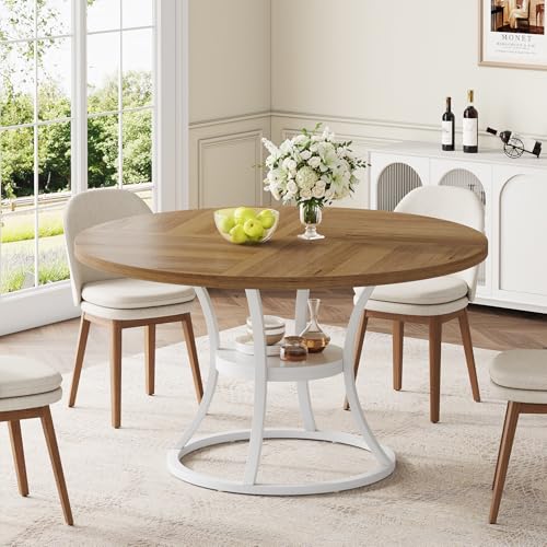 Condemo Round Dining Table for 4-6, 47 inch Wood Dining Room Table with Storage Shelf, Farmhouse Kitchen Table with Metal Base, Large Round Table for Home, Light Brown & White, No Chairs