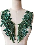 Handsewing rhinestones beads lace applique Wing shape decoration accessories trim patches one pair (deepgreen)