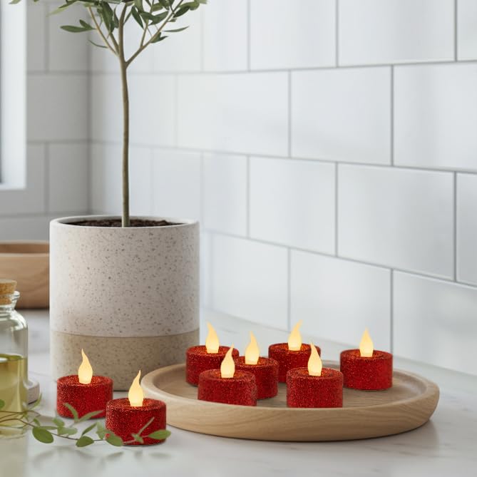 Image of FURORA LIGHTING Red Glitter Flameless Tealights - 1.45 inch W x 1.57 inch H, 12-Pack, Batteries Included