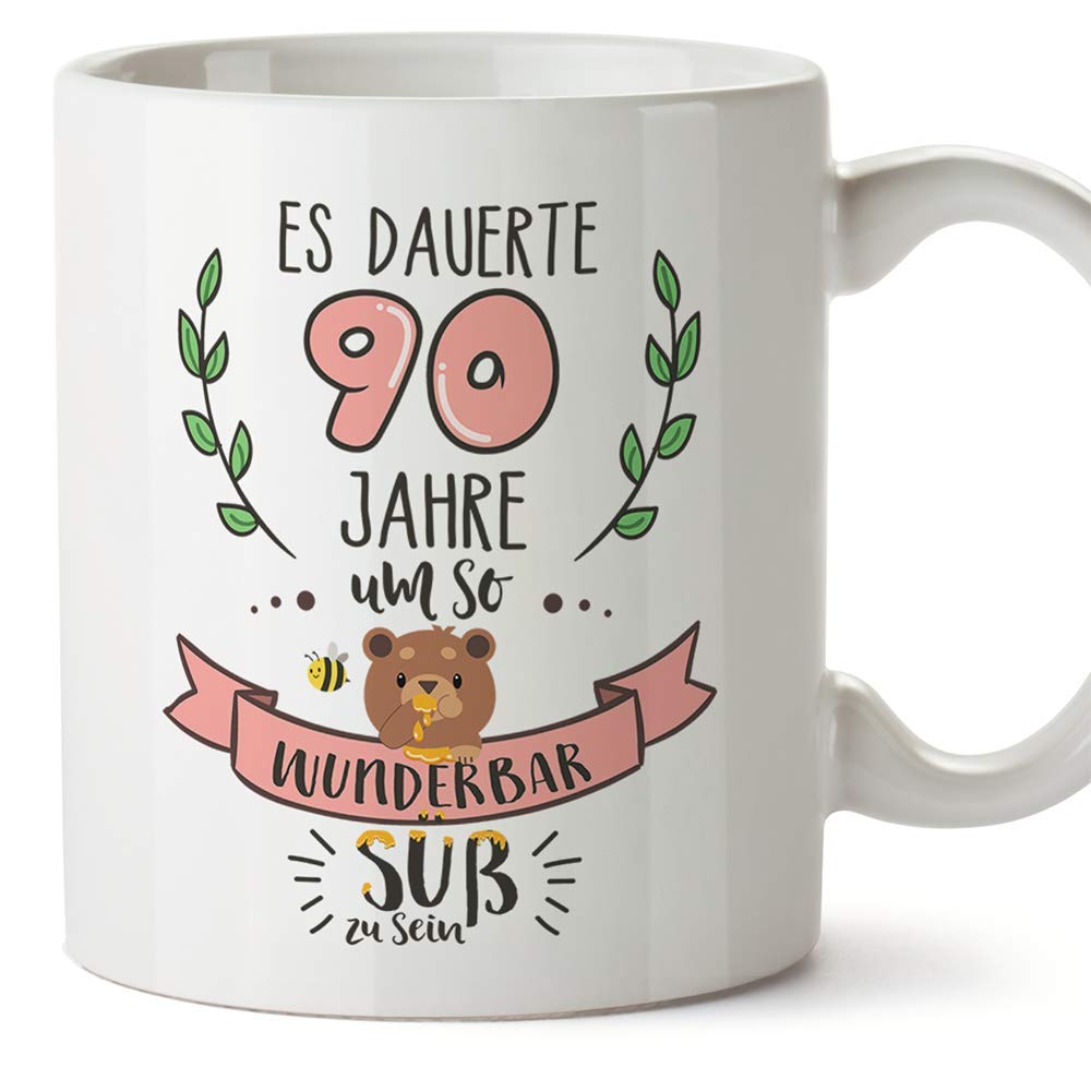 MUGFFINS Tazza 90° Compleanno (in Tedesco), 350 Ml, Ceramica Bianca, Regalo Originale Per Festa, Lavabile In Microonde E Lavastoviglie