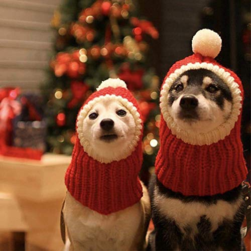 Hotumn Funny Christmas Dog Cap with Pompon Crocheted Snood Adorable Dog Hat Red Warm Winter Dog Hat Knit Snood Headwear…