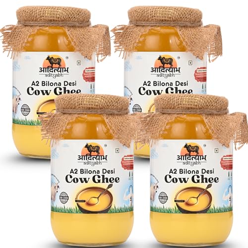 Adityabh A2 Desi Cow Bilona Ghee 1L (Pack of 4) | Pathmeda | Pure & Natural Danedar Ghee | Traditional Bilona/Curd-Churned Method | Grass-Fed Sahiwal & Gir Cows | Lab Tested | Glass Jar