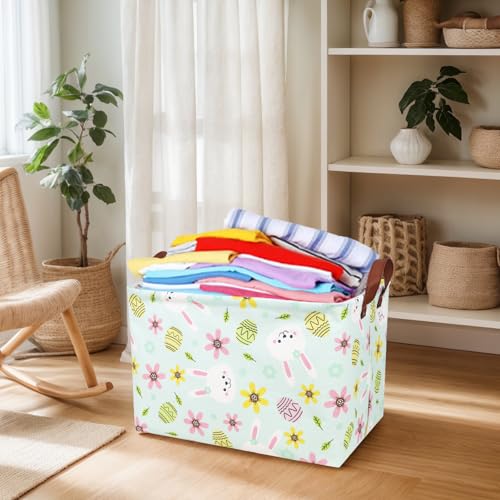 Image of Large Empty Easter Basket for Kid Fabric Personalized Bunny Eggs Easter Gift Basket for Boy and Girl (Rabbit Blue Background)