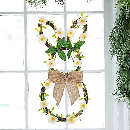 Vanthylit Easter Wreath 46cm Easter Bunny Wreath with Lights Battery Operated Rattan Spring Door Wreath with Linen Bow and Flower Vines for Window Wall Home Party Easter Decoration