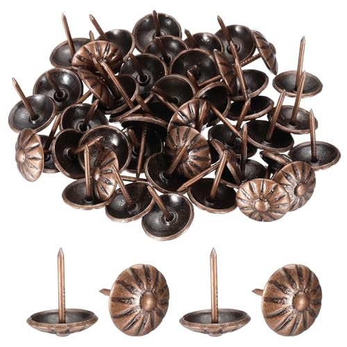 sourcing map 100Pcs Upholstery Tacks, 7/16 x 11/16 Vintage Flower Head Furniture Upholstery Nails Decorative Thumb Tacks Pins for Sofa Chair Bed, Copper Tone