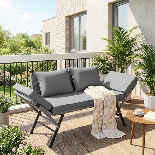LIFERUN Gartenbank Polyrattan mit Liegefunktion, 2-Sitzer Polyrattan-Möbel, Rattan Gartensofa mit Verstellbare Armlehnen, Gartenbank Wetterfest für Garten, Balkon,Terrasse (Grau),2 PCS Kissen